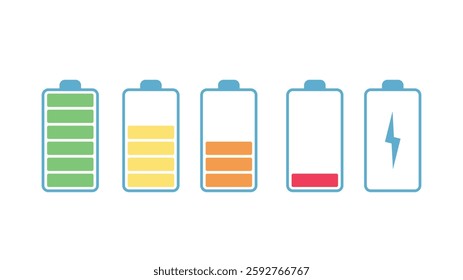 Battery charge indicator icon set. Battery charge from high to low.  Discharged and fully charged battery.Сharge level, charge power.