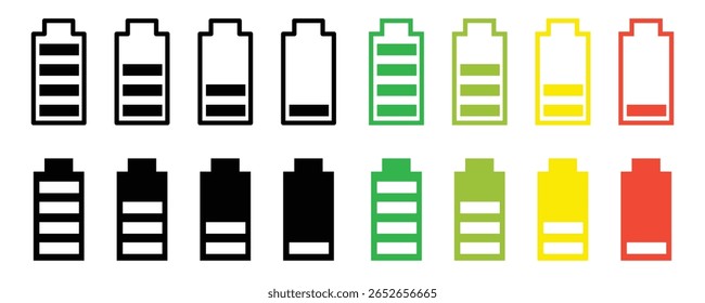 indicador de carga da bateria ícone vetor. símbolo do vetor do nível de energia da bateria isolado no fundo branco. A bateria carrega muitos ícones planos coloridos. Carregamento da bateria, indicador de carga