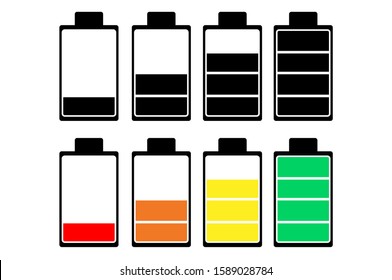 Battery charge indicator icons. Charging level Battery Energy powerfully full fun funny power running low full status batteries set logo. Charge level empty loading bar. Vector illustration