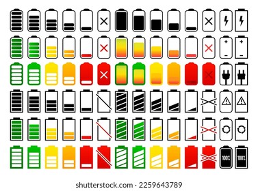 Colección de iconos del indicador de carga de la batería. Nivel de carga de la batería en un diseño diferente. Batería completa y batería completa baja. Ilustración vectorial.