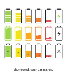 Battery charge indicator icons. Battery energy level from high to low vector illustration eps 10