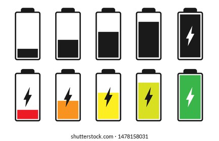 Battery charge indicator icons isolated on white background. Charging levels. Accumulator or energy signs.