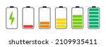 Battery charge indicator icons. Phone charge level, color collection of charge power. Discharged and fully charged battery. Battery charge from high to low. Vector Illustration.