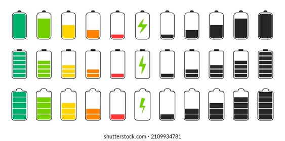 Battery charge indicator icons. Phone charge level, color collection of charge power. Discharged and fully charged battery. Battery charge from high to low. Vector Illustration.