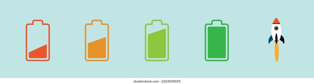Battery charge indicator icons. Phone charge level, color collection of charge power. Discharged and fully charged battery. Battery charge from high to low. Vector Illustration.