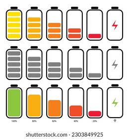 Battery charge indicator icons, phone charge level, color collection of charge power,  gadgets alkaline tags,icon.