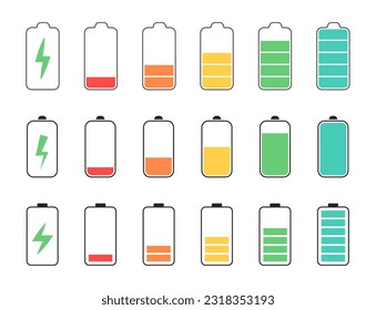 Battery charge indicator icons. Phone charge level, color collection of charge power. Discharged and fully charged battery. Battery charge from high to low. Vector Illustration.