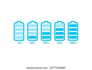 Battery charge indicator icons. Phone charge level, Car battery indicator, battery charge signs. a color collection of charge power. Discharged and fully charged battery. Vector Illustration.