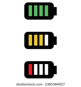 Battery charge indicator icons. Phone charge level, color collection of charge power. Discharged and fully charged battery. Battery charge from high to low. Vector Illustration.