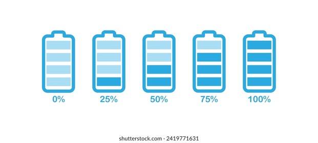 Battery charge indicator icons. Phone charge level, Car battery indicator, battery charge signs. a color collection of charge power. Discharged and fully charged battery. Vector Illustration.