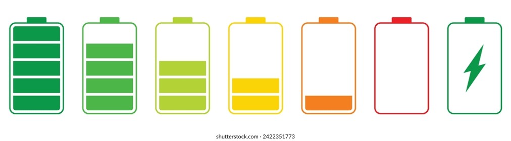 Battery charge indicator icons. Phone charge level, color collection of charge power. Discharged and fully charged battery. Battery charge from high to low. Vector Illustration.