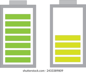 Battery charge indicator icons. Phone charge level, color collection of charge power. Discharged and fully charged battery. Battery charge from high to low. Vector Illustration. Eps10.