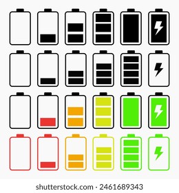 Battery charge indicator icons. Phone charge level, color collection of charge power. Discharged and fully charged battery. Battery charge from high to low. Vector Illustration.