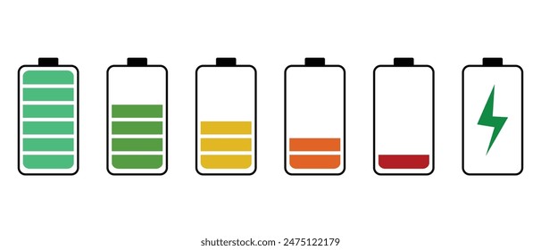 Abbuchung Symbole für die Akkuanzeige. Ladestand des Telefons, Farbeinstellung der Abbuchung-Abbuchung. Akku entladen und voll aufgeladen. Batteriestand von hoch bis niedrig.