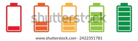 Battery charge indicator icons. Phone charge level, color collection of charge power. Discharged and fully charged battery. Battery charge from high to low. Vector Illustration.