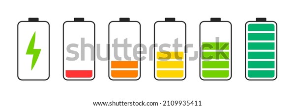 Battery charge\
indicator icons. Phone charge level, color collection of charge\
power. Discharged and fully charged battery. Battery charge from\
high to low. Vector\
Illustration.