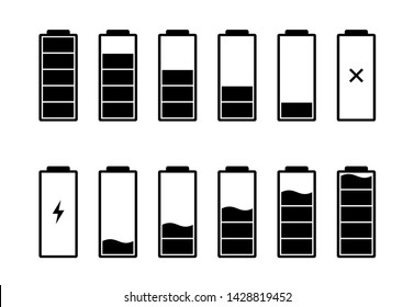 Battery charge indicator icons set. Charging level full power high to low and lightning. Mobile gadget alkaline energy status vector illustration