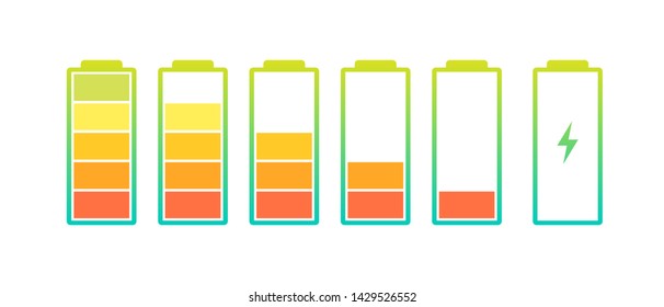 Battery charge indicator icons set. Charging level full power low to high up and lightning. Gadget alkaline energy status vector colorful illustration