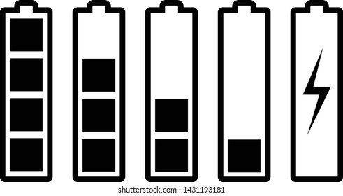 Battery charge indicator icons set. Charging level full power high to low