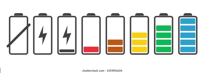 Battery charge indicator icons set. Charging level full power low to high up and electric plug. Gadget energy status vector illustration