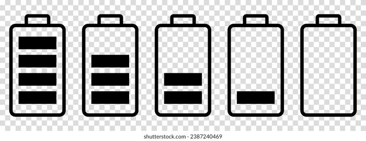 Battery charge indicator icons set. Concept power, energy, low,  full, emplty. Vector illustration isolated on transparent background