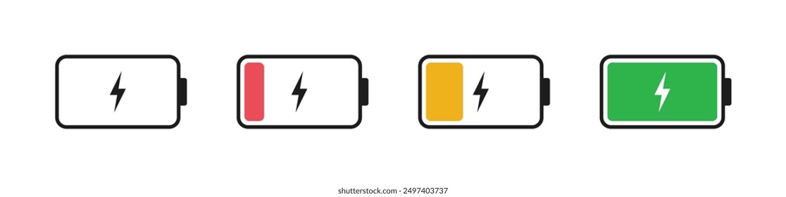 Battery charge indicator icons set. Phone charge level, colorful collection of charge power. Discharged and fully charged battery. Battery charge from high to low. From 0 to 100% from red to green.