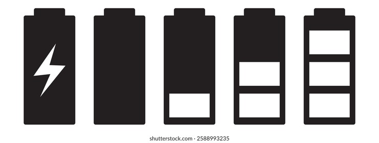 Battery charge indicator icons set. Phone charge level. Discharged and fully charged battery. Battery charge from  Low to High. Variety Colorful and Black Design.