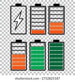 Battery charge indicator icons set. Phone charge level, colorful collection of charge power. Discharged and fully charged battery. Battery charge from high to low. From 0 to 100% from red to green