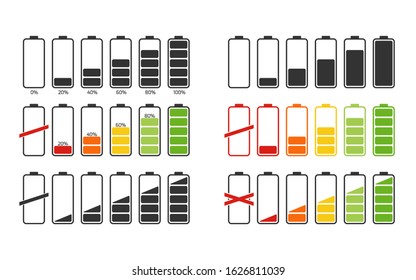 Battery charge indicator icons, vector graphics. Gsm energy level icons set. Vector symbols