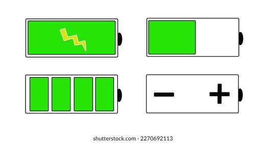 Batterieladungsanzeige-Symbole, Vektorgrafiken. Set Set Set Set-Icons für die Batterieladestufen, Level-Akku-Energiekollektion