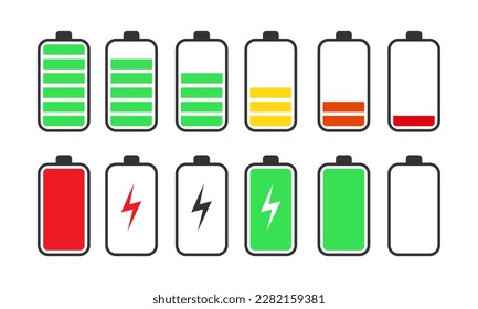 Iconos indicadores de carga de la batería, gráficos vectoriales, carga completa y descarga completa