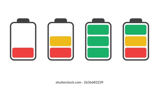 Battery charge indicator set. A collection of battery level icons from empty to full. User Experience design elements for apps and websites. Simplified modern illustration of charging accumulators. 