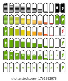 Battery charge indicator set. Isolated electric battery charge full, low, empty levels and charging progress sign icons collection. Vector electricity energy indicator symbols, accumulator technology