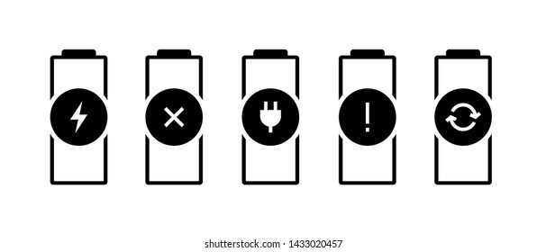 Battery charge indicator status icon set. Gadgets accumulator faulty broken needs charging error replace pictograms. Vector illustration