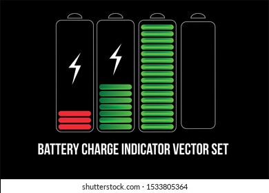 Battery charge indicator vector set. On white floor. Charge level