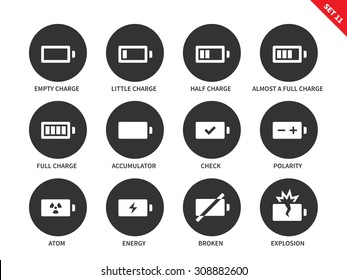 Battery charge indicators vector icons set. Charge level indicators for interface, batteries, accumulators. Icons for tablets and mobile devices. Isolated on whithe background