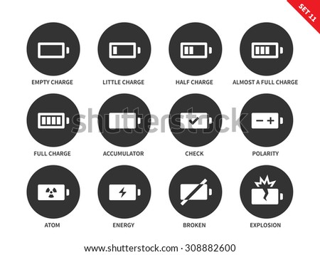 Battery charge indicators vector icons set. Charge level indicators for interface, batteries, accumulators. Icons for tablets and mobile devices. Isolated on whithe background