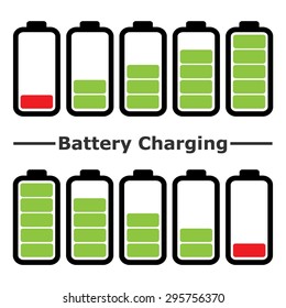 Battery charge level. Battery charging. Set of battery charge level indicators. Vector. Illustration.