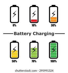 Battery charge level. Battery charging. Set of battery charge level indicators. Vector. Illustration.
