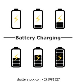 Battery charge level. Battery charging. Set of battery charge level indicators. Vector. Illustration.