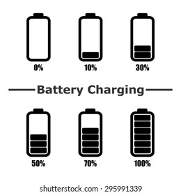 Battery charge level. Battery charging. Set of battery charge level indicators. Vector. Illustration.