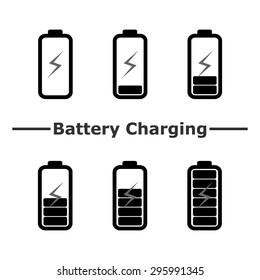 Battery charge level. Battery charging. Set of battery charge level indicators. Vector. Illustration.