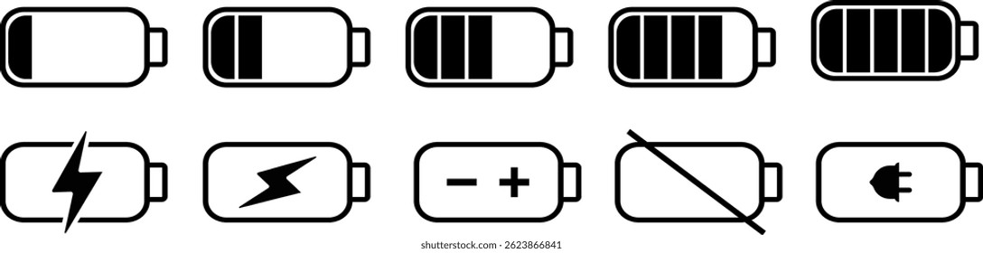 Symbol für Akkuladezustand. Zustandsanzeige mit niedriger bis voller Füllstandsanzeige mit Ladung. Energiespeicher. Batterieelemente für Benutzeroberfläche