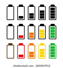 Battery charge level icon set. Symbol of power indicator of mobile phone accumulator.  Simple flat design. Vector illustration isolated on white. 