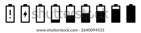 Battery charge level icon set with warning, charging, empty, and full indicators. Includes energy status symbols. Flat vector style for UI, mobile, and device interfaces. Icons, vector, symbols.