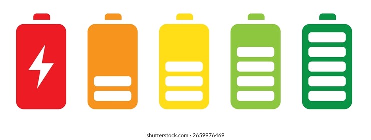 Iconos de nivel de Recargo de batería. Conjunto de iconos de batería. Señal de nivel de carga de la batería. Ilustración porcentual de los niveles de capacidad de Recargo. Vector diseño simple. Eps 10