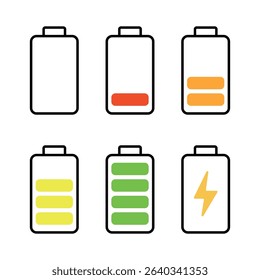 Battery Charge Level Icons Set Vector Illustration. A vector illustration featuring six battery icons representing different charge levels and status.