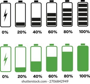 battery charge level icons set, black and green power status indicators, electricity energy charging vector illustration