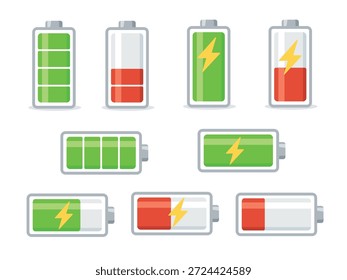 Iconos del nivel del Recargo de la batería fijados en estilo plano del Vector. Conjunto de íconos de nivel de Recargo de batería que muestran estados de energía completos, Medianos y bajos. Diseño de Vector plano con sombras, adecuado para UI, App, interfaces de Web, infografías y conceptos relacionados con la energía.