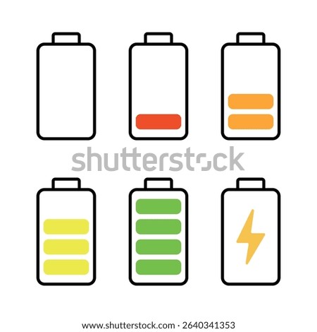 Battery Charge Level Icons Set Vector Illustration. A vector illustration featuring six battery icons representing different charge levels and status.